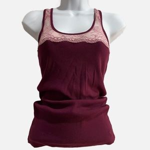 American Eagle Y2K Burgandy Lace Edge Ribbed Tank Top Size XS